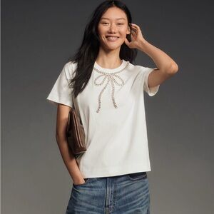 Maeve White Short Sleeve Tee with Embellished Bow